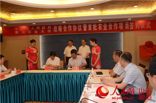 平度市委副书记、市长李虎成（右）与青岛农业大学校长宋希云签订战略合作协议。摄影 孙晓东  