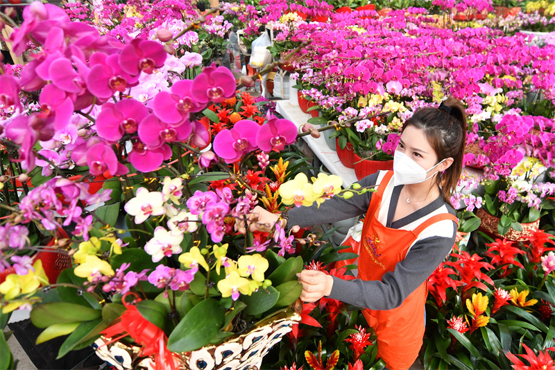 一名花卉經銷攤主在整理花型促銷。王海濱攝