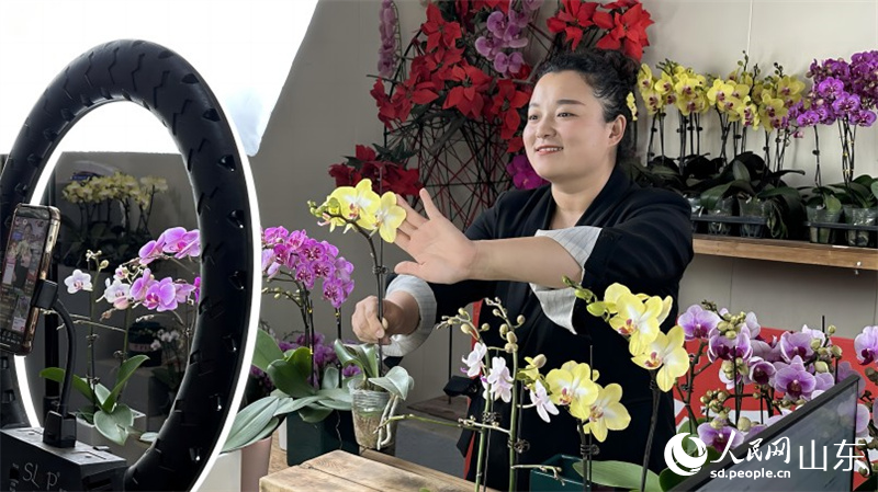 在山東濰坊青州花卉直播電商產業園裡，主播正在向網友介紹蝴蝶蘭。人民網 喬姝攝