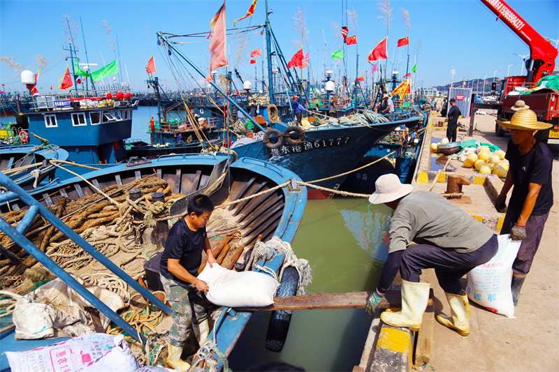 在日照黃海中心漁港內,漁民正在往船上裝物資。薄林攝