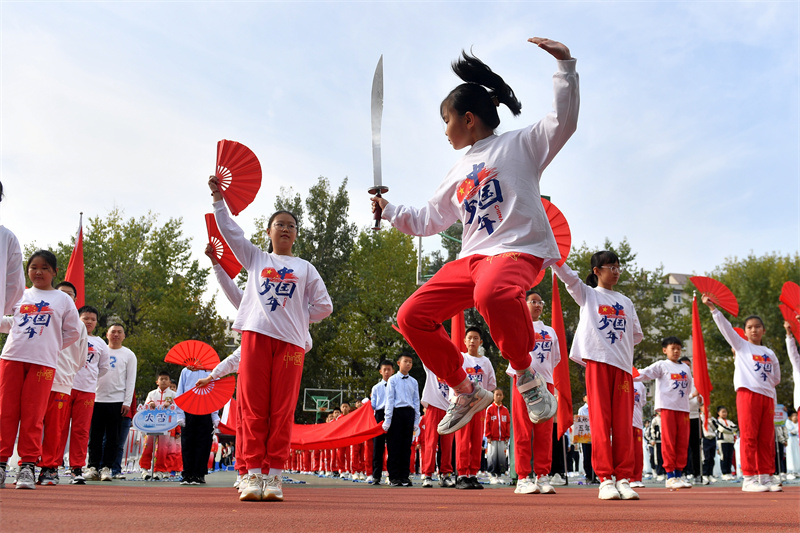 運動會上，孩子們在開幕式上表演武術。王海濱攝