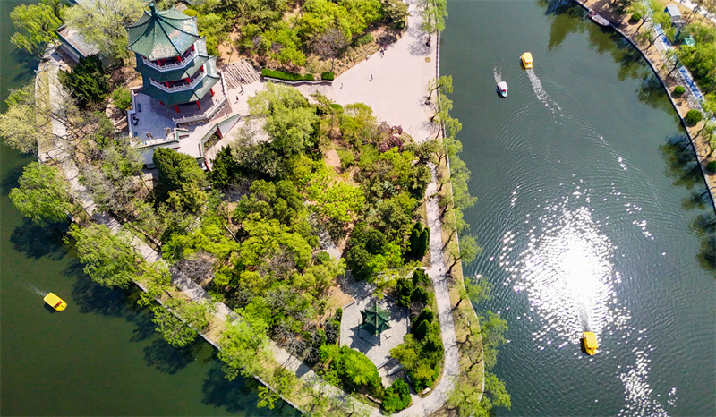 4月20日，游客在山东青岛莱西市月湖公园泛舟游玩。张进刚摄
