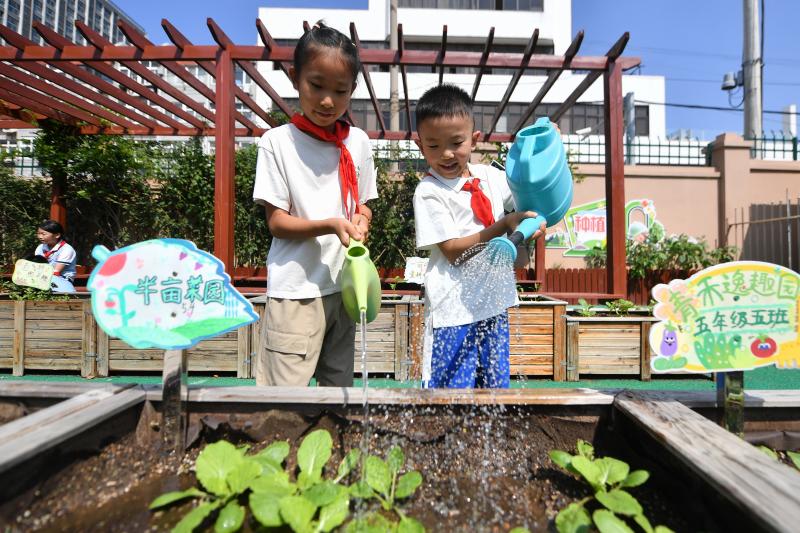 2025年9月16日,在山東省青島市市北區鞍山二路小學的種植園裡,兩名學生在給菜園澆水。
