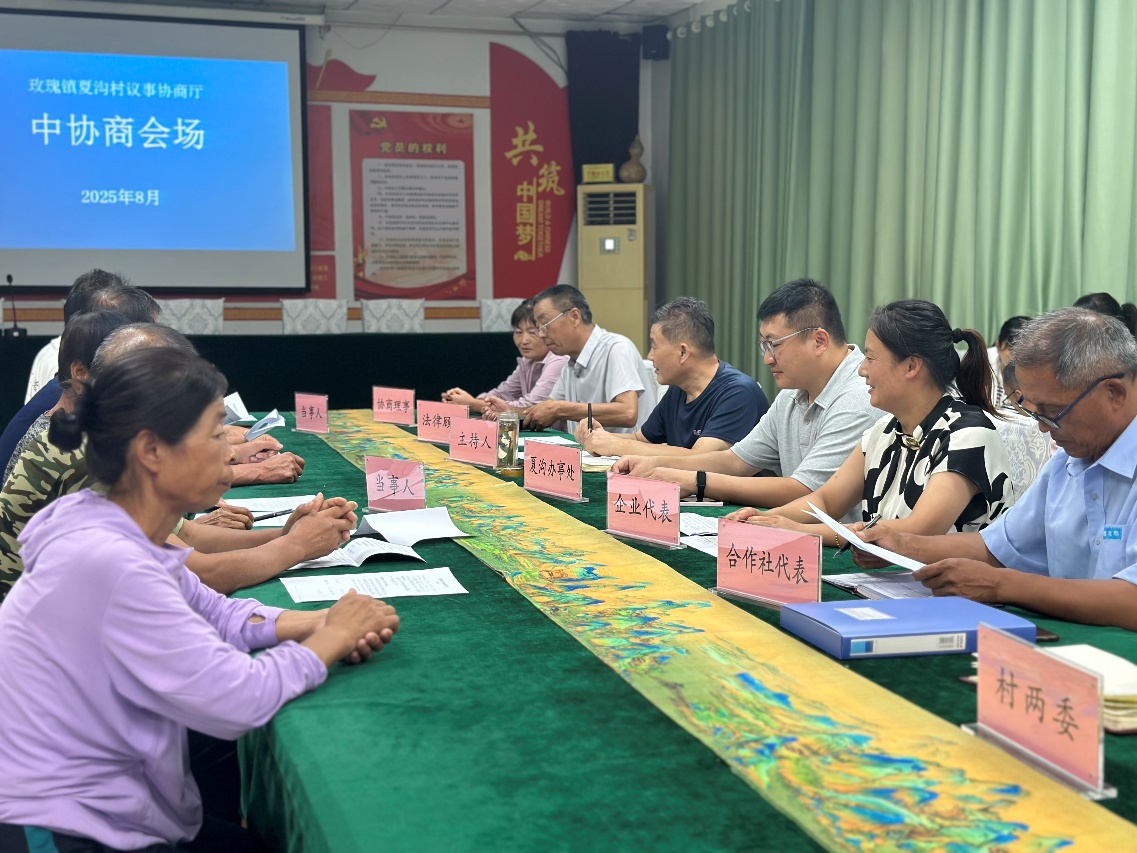 2025年8月，玫瑰鎮夏溝村黨支部書記、協商理事及村民代表開展“中協商”會議。