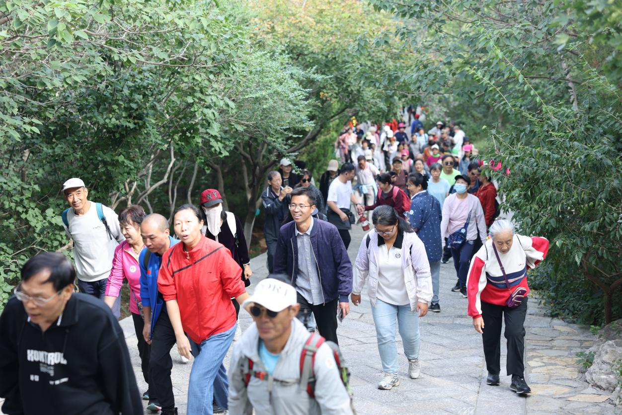 市民游客在濟南佛慧山參加“一城山色·登山打卡”健步活動。子龍攝