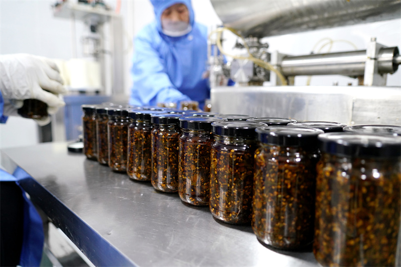 1月6日，在山东省临沂市沂南县岸堤镇泉水庄村“共富工坊”，村民将炒制的香椿酱进行包装。