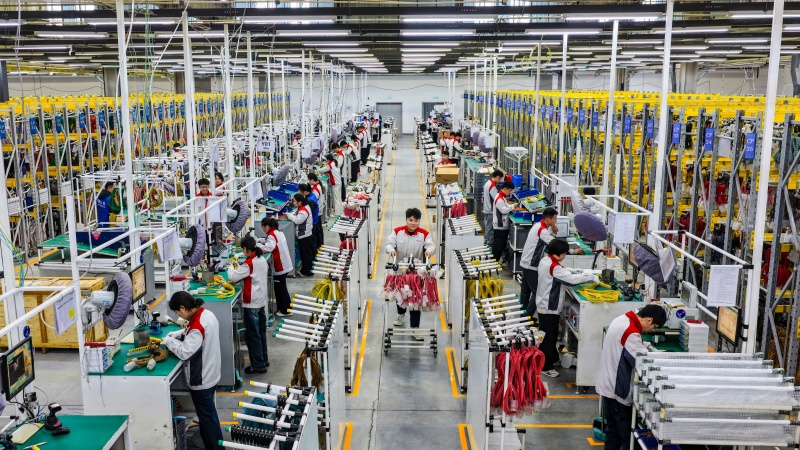 在位于山东乐陵经济开发区的曼德汽车零部件有限公司生产车间，工人正赶制汽车线束订单产品。