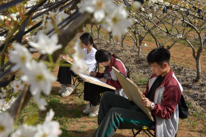学生在花下写生