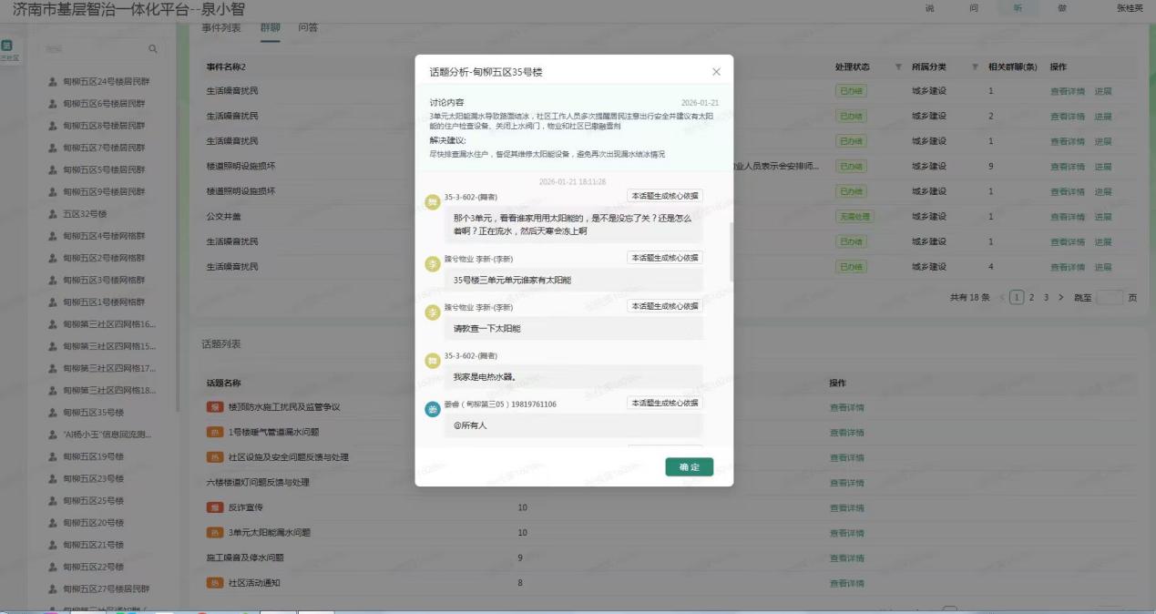 “泉小智”平台分析社區話題，處理居民訴求。濟南市歷下區甸柳新村街道第三社區供圖