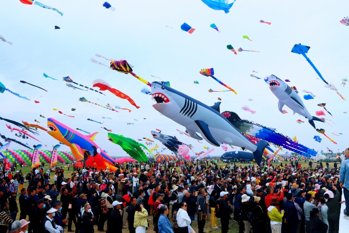万鸢齐飞扮靓滨海天空，市民游客漫步渤海莱州湾畔，尽享春日风筝盛会。刘继田摄