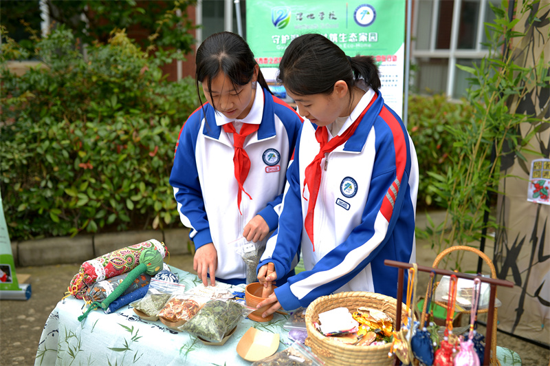 2026年5月21日，在山東省青島市舉辦的“紅領巾愛自然”生物多樣性科普教育活動上，城陽第十七中學的學生在制作植物香囊。