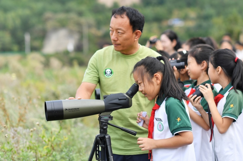 2026年9月28日，在山東省青島市城陽區野生動植物保護協會開展的“守護自然”生態實踐活動上，夏庄街道源頭小學的學生在進行觀鳥實踐。