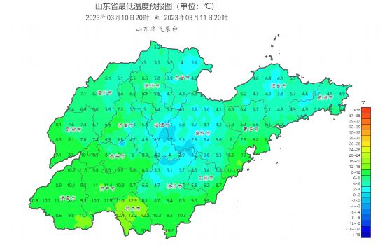 2023年3月10日20时至11日20时最低气温预报图