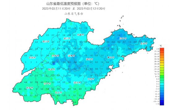 2023年3月11日20时至12日20时最低气温预报图